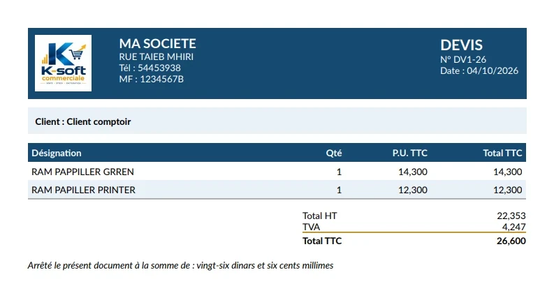 Devis imprimé en PDF